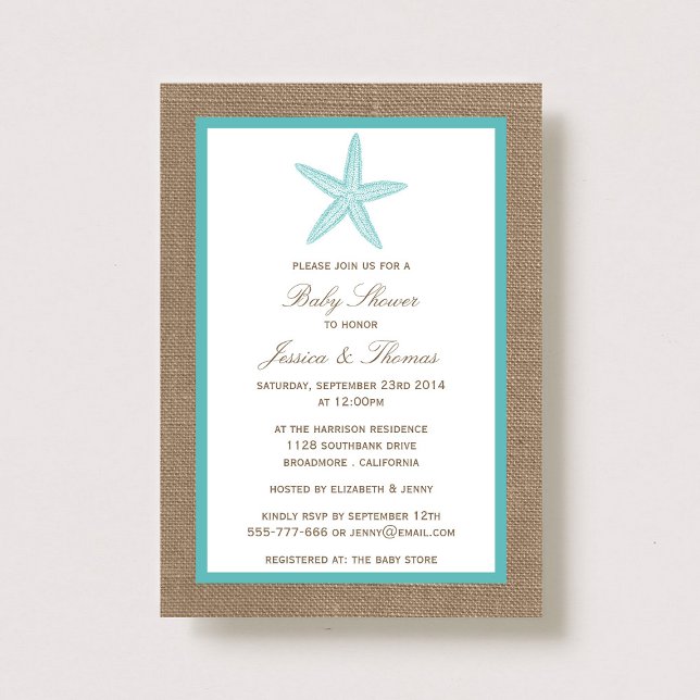 Invitación Turquoise Starfish Burlap Beach Baby Shower (Subido por el creador)