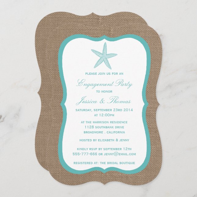 Invitación Turquoise Starfish Burlap Beach Engagement Party (Anverso / Reverso)
