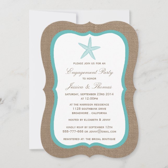 Invitación Turquoise Starfish Burlap Beach Engagement Party (Anverso)