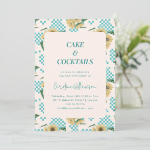 Invitación Turquoise Sunflower Checkerboard Partido de cumple