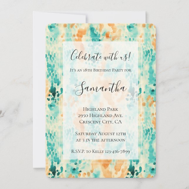 Invitación Turquoise Tangerine Animal Resumen Cumpleaños (Anverso)