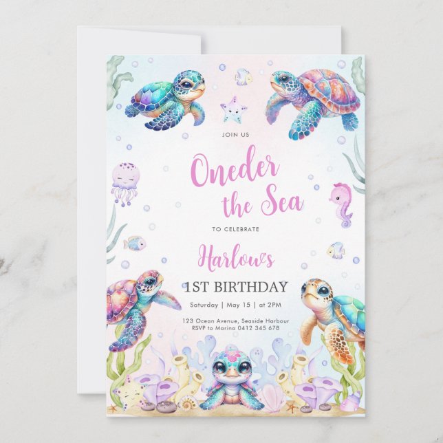 Invitación Turtle Oneder The Sea 1st Birthday Invitation (Anverso)