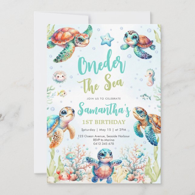 Invitación Turtle Oneder The Sea 1st Birthday Invitation (Anverso)