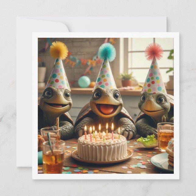 Invitación Turtles celebrating birthday with cake and hats (Anverso)