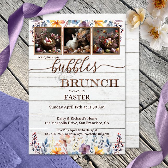 Invitación Tus fotos son burbujas rusas de Pascua y brunch (Rustic Bubbles & Brunch invitation featuring your photos framed by watercolor wildflowers)