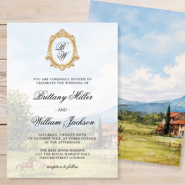 Invitación Tuscan Countryside Landscape Monogram Wedding  (Subido por el creador)