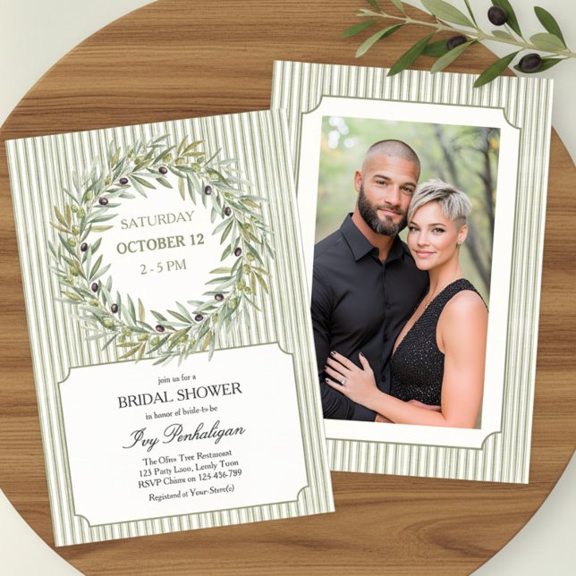 Invitación Tuscan Olive Verde Raya Bridal Shower (Bridal Shower invitation with custom photo, olive wreath and green ticking stripe by Darling & May)