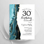 Invitación Tutrquoise Agate White Gold 30 cumpleaños<br><div class="desc">Turquesa, blanca y dorada agan la invitación a la fiesta de cumpleaños número 30. Elegante diseño moderno con fondo geodésico de mármol agate acuarela, oro falso purpurina y tipografía de escritura. La carta de invitación de moda es perfecta para una elegante celebración del cumpleaños de las mujeres. Invitaciones Zazzle impresas...</div>
