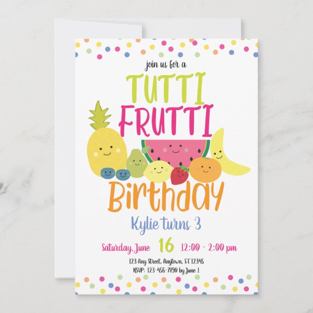 Invitación Tutti Frutti Divertido, coloridos niños Fiesta de  (Anverso)