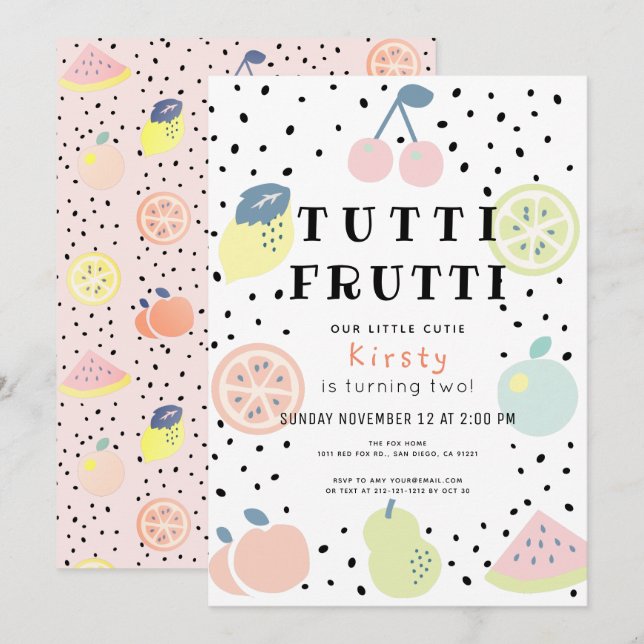 Invitación Tutti Frutti Pastel Fruit 2º cumpleaños (Anverso / Reverso)