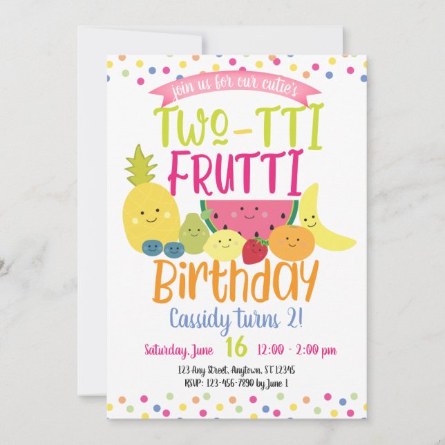 Invitación Tutti "Two-Tti" Frutti Divertido Fiesta de cumplea (Anverso)