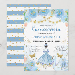Invitación Tutu Azul Bailarina de Cabello Negro Quinceañera