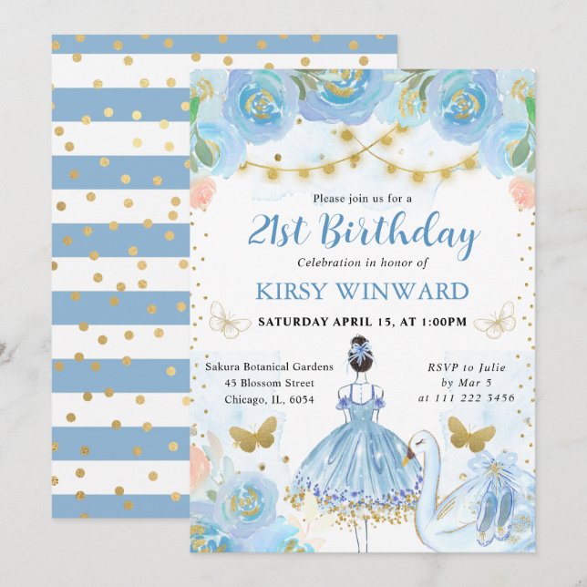 Invitación Tutú Azul Bailarina de Cumpleaños Pelo Negro (Anverso / Reverso)
