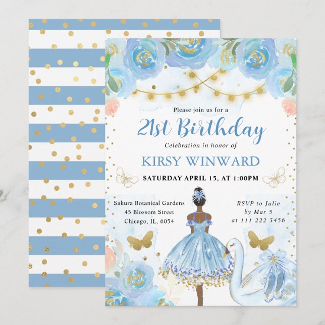 Invitación Tutu Azul Bailarina de Piel Oscura Cumpleaños (Anverso / Reverso)