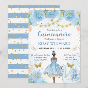 Invitación Tutu Azul Bailarina de Piel Oscura Quinceañera