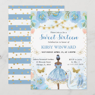 Invitación Tutu Azul Bailarina de Piel Oscura Sweet 16