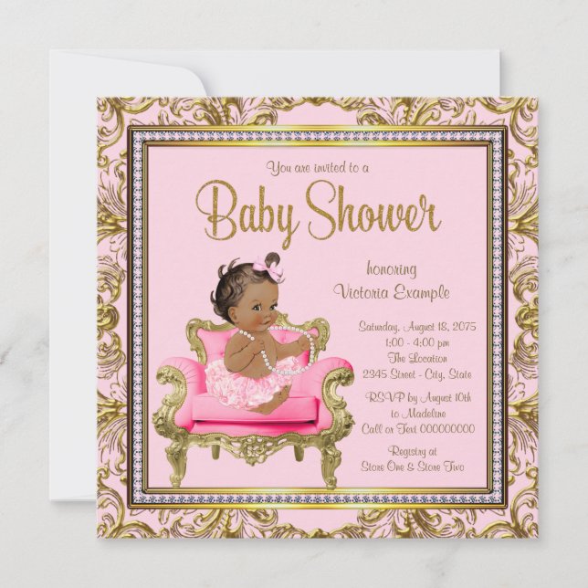 Invitación Tutu Baby Shower, Chica de etnia rosada y presiden (Anverso)