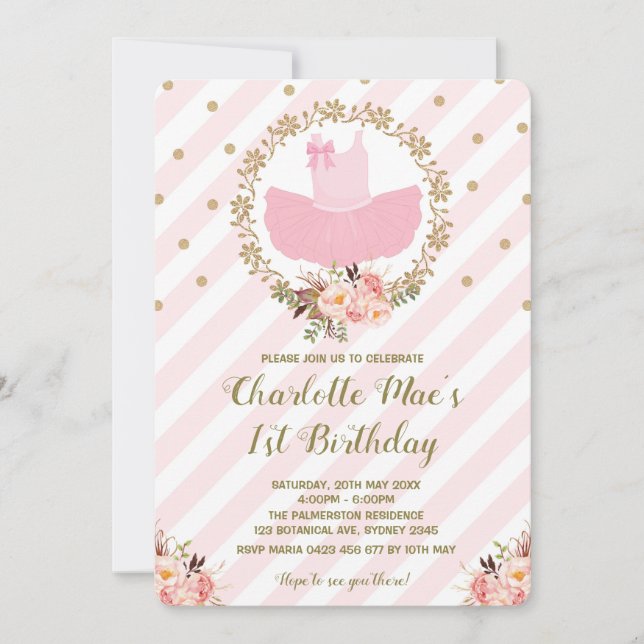 Invitación Tutu Ballerina Ballet Cumpleaños Invitar Rosa y Or (Anverso)