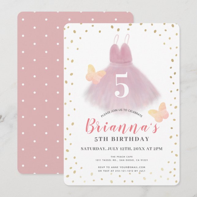 Invitación Tutu Ballerina Chica rosa y blanca Cumpleaños (Anverso / Reverso)