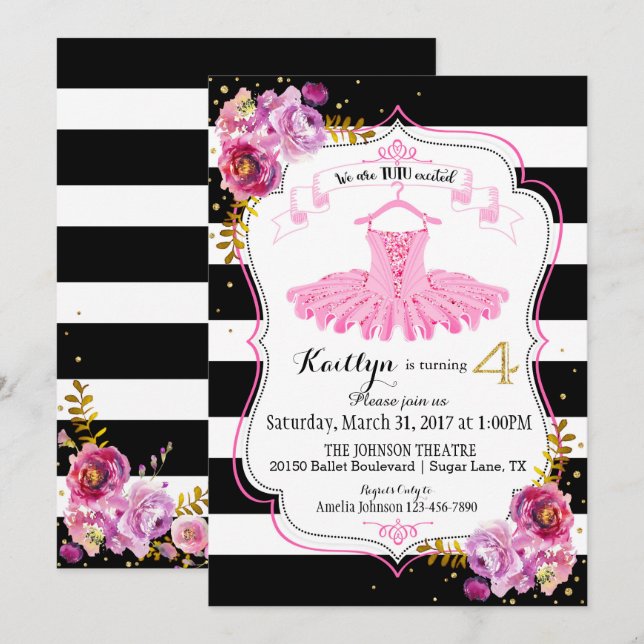 Invitación Tutu Ballerina Floral Sparkle Cuarto Cumpleaños (Anverso / Reverso)