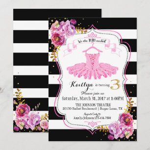 Invitación Tutu Ballerina Floral Sparkle Tercer Cumpleaños