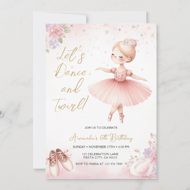 Invitación Tutu Ballerina Pink Floral Ballet Girl Birthday (Anverso)