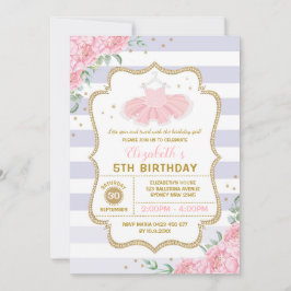 Invitación Tutu Ballerina Purple Pink Gold Floral Cumpleaños