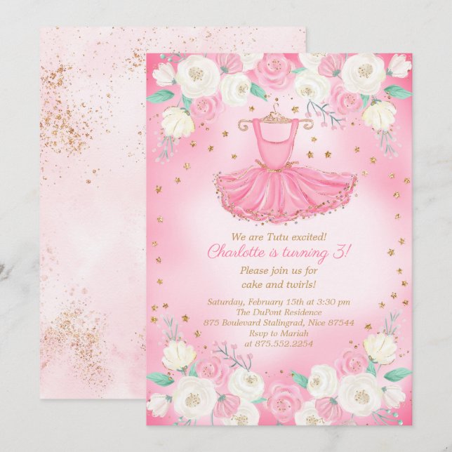Invitación Tutu Ballerina Vestido Purpurina Cumpleaños (Anverso / Reverso)