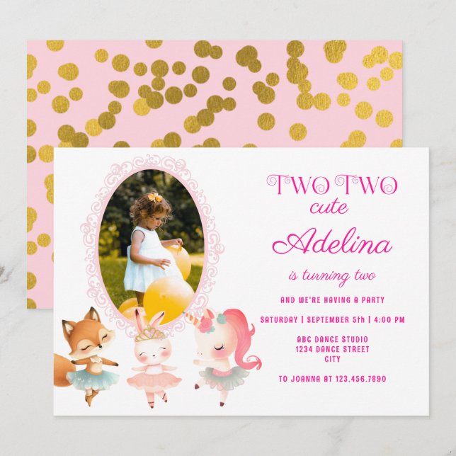 Invitación Tutu Cute Ballerina Ballet Animales Fiesta de Cump (Anverso / Reverso)