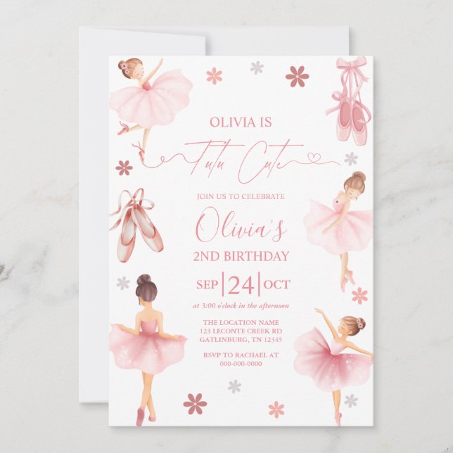 Invitación Tutu Cute Ballerina Pink Coquette Second Birthday  (Anverso)