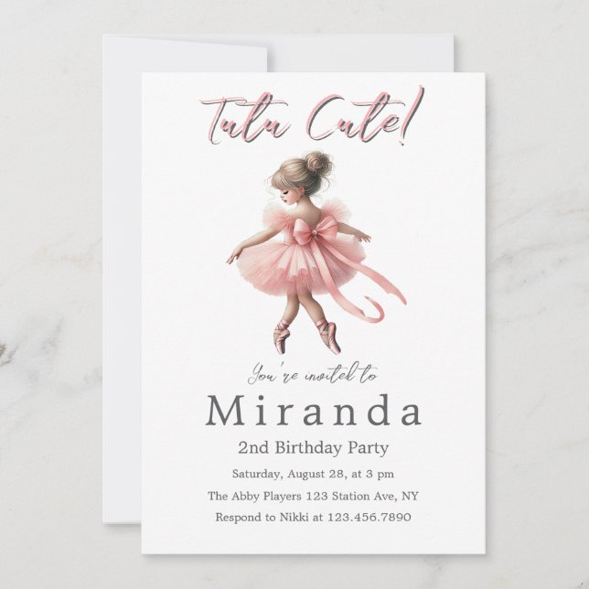 Invitación Tutu Cute | Fiesta de cumpleaños de Ballerina enca (Anverso)