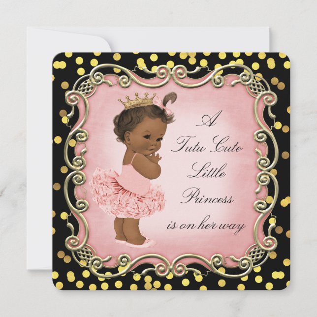Invitación Tutu Cute, Princesa Étnica, Confetti de Oro Negro (Anverso)