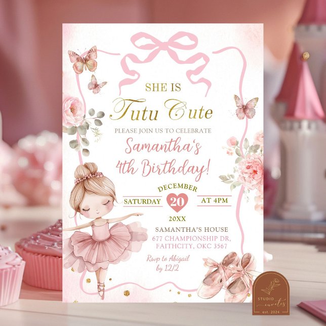 Invitación Tutu de bailarina con lazo rosa Cumpleaños lindo (Subido por el creador)