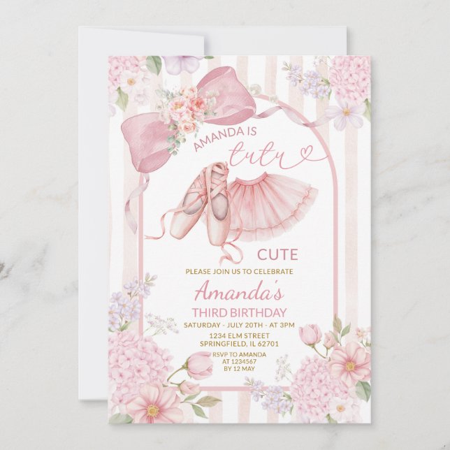Invitación Tutu de Bailarina Rosa Claro Cumpleaños Floral Coq (Anverso)
