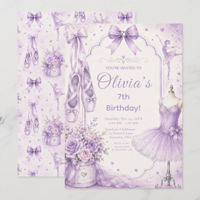 Invitación Tutu de ballet de lavanda para fiesta (Anverso / Reverso)