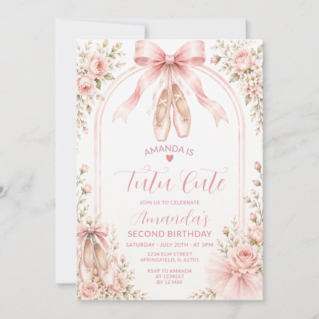 Invitación Tutu de Coqueta Rosa Rubor Cumpleaños Lindo de 2 A (Anverso)