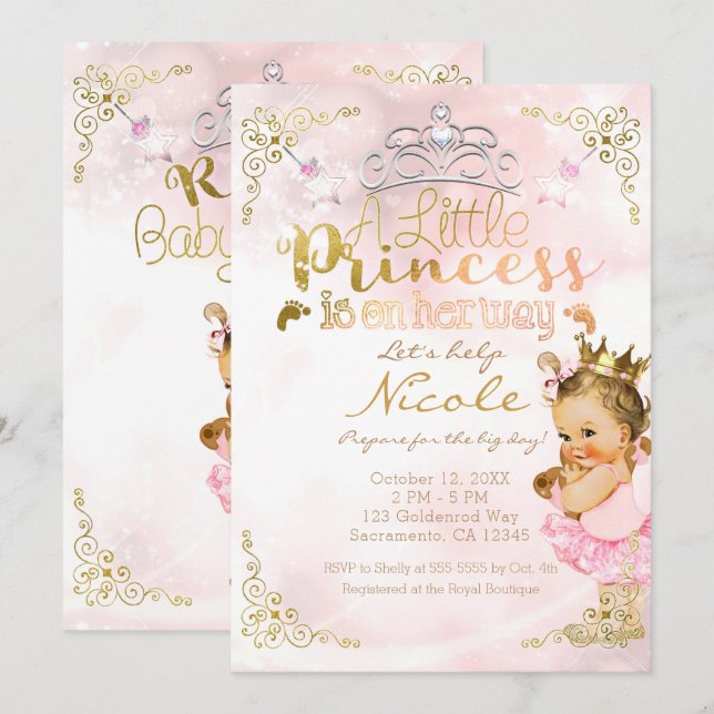 Invitación Tutu de destellos de princesa rosa y ducha de bebé (Anverso / Reverso)