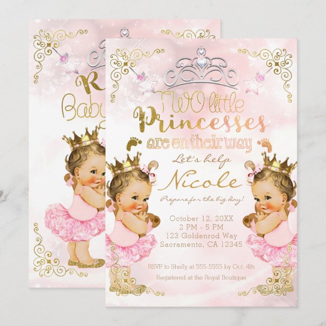 Invitación Tutu de princesa rosa y corona para gemelas en bab (Anverso / Reverso)