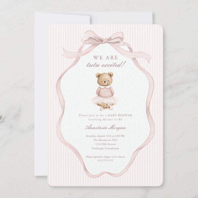Invitación Tutu emocionada osa coqueta rosa Fiesta de Bebé  (Anverso)
