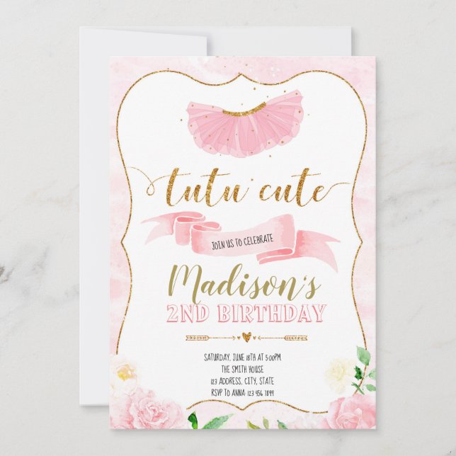 Invitación Tutu linda fiesta de cumpleaños (Anverso)