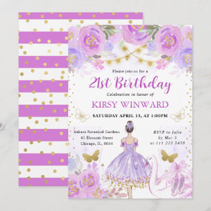 Invitación Tutú Morado Bailarina Cumpleaños Pelo Castaño