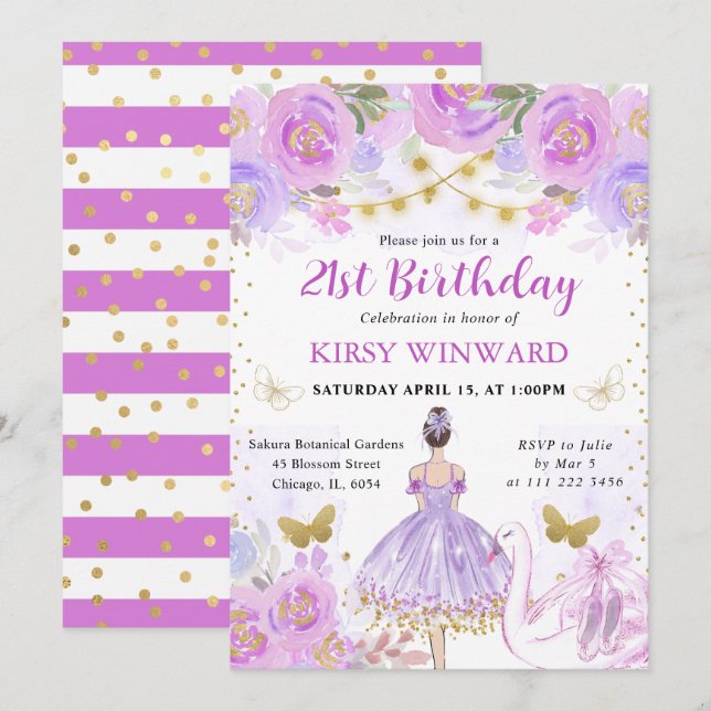 Invitación Tutú Morado Bailarina Cumpleaños Pelo Castaño (Anverso / Reverso)