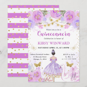 Invitación Tutu Morado Bailarina de Cabello Negro Quinceañera