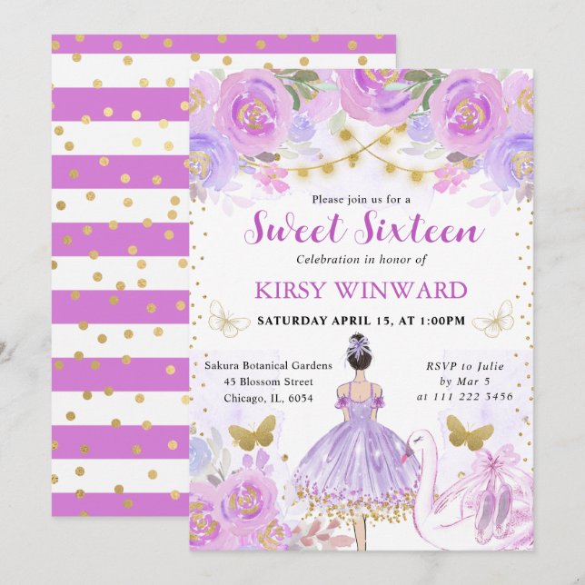 Invitación Tutú Morado Bailarina de Pelo Negro Cumple Dulces  (Anverso / Reverso)