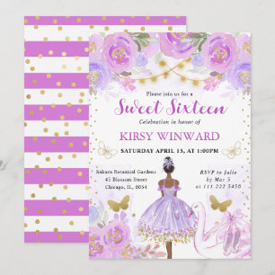 Invitación Tutú Morado Bailarina de Piel Oscura Sweet 16