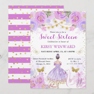 Invitación Tutú Morado Bailarina Pelo Castaño Dulces 16