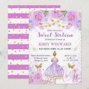 Invitación Tutú Morado Bailarina Rubio Dulces 16