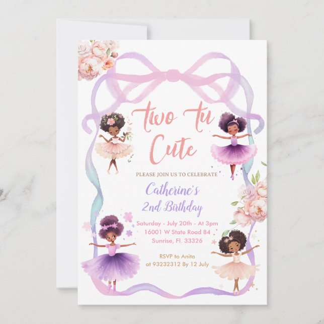 Invitación Tutu Purple Bow Two para acortar el segundo cumple (Anverso)