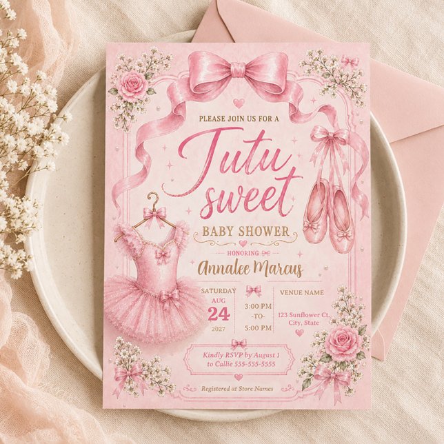 Invitación Tutu Rosa Dulce Fiesta de Bienvenida de Bebé Baila (Tutu Sweet pink ballerina baby shower invitation)