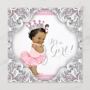 Invitación Tutu rosa y gris Fiesta de Bebé Niña Étnica